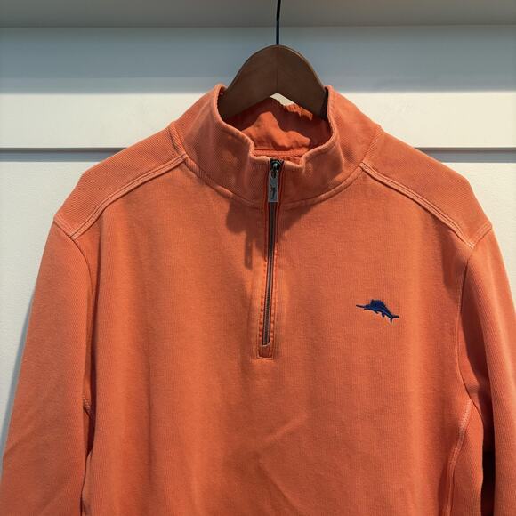 Tommy Bahama Sweater Mens Large Orange Cotton Quarter Zip Marlin Logo Pullover - Picture 4 of 13